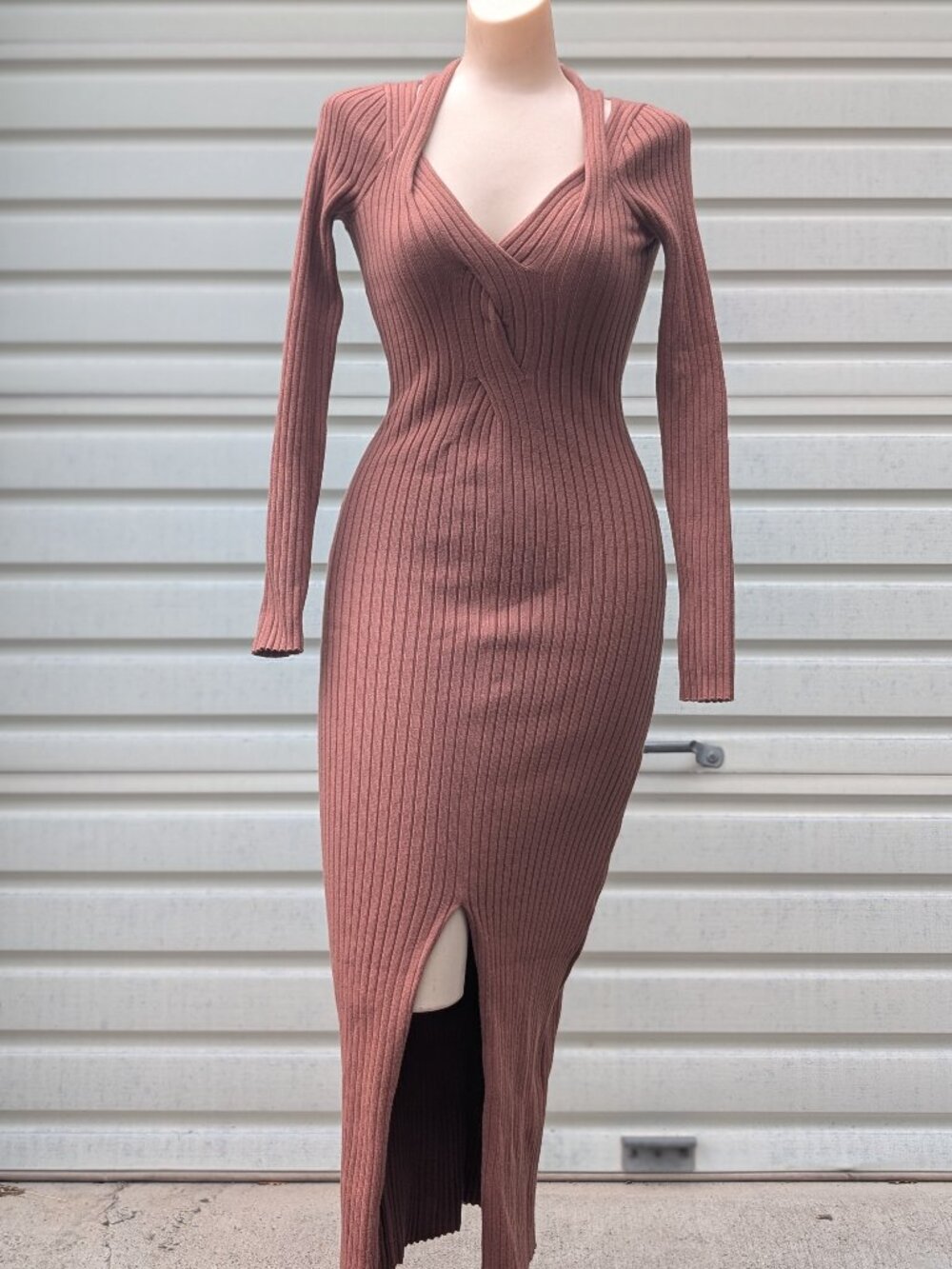 ASTR The Label Sweater Dress Womens S Dusty Mauve Rib Knit Twist Midi Bodycon
